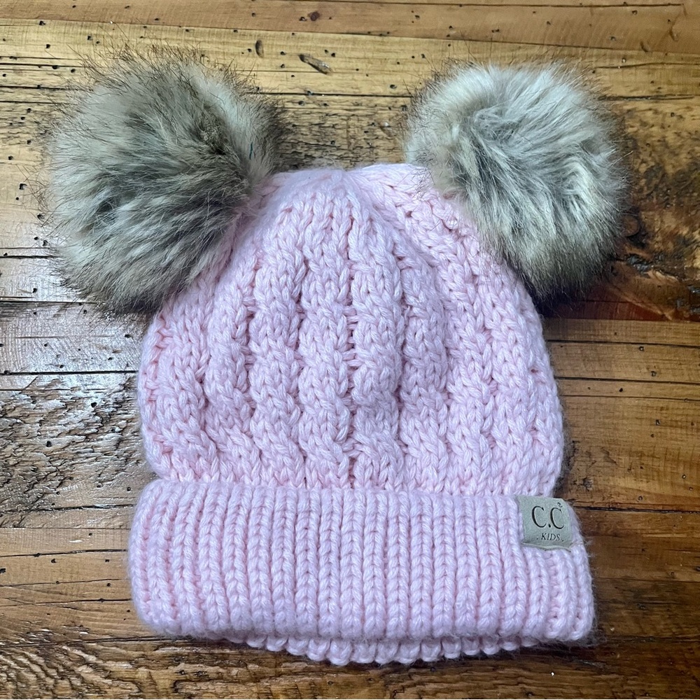 CC Kids Pink Crochet  Knit Hat with Double Pom-Poms + FREE Women’s Purple Beanie